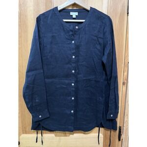 J.Jill Love Linen Mandarin Collar Up Down Long Sleeve Side Tie Shirt Navy‎ XS